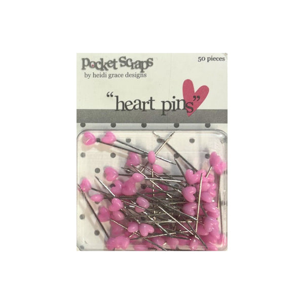 Pack of 50 pink heart-shaped pocket scissors pins by Heidi Grace Designs, in a clear plastic clamshell package with a white header card.