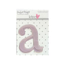 A lavender plastic letter 'a' from the Pocket Scrapbook Letters set by Heidi Grace Designs, shown on its retail backing card against a white background.
