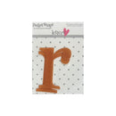 A clear plastic letter 'r'  by both grace designs, packaged on a white card with gray polka dots and the brand name 'Pocket Stamps' visible at the top.