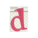 A bright pink plastic letter 'd' from the Pocket Scapes by Heidi Grace Designs self-adhesive plastic letters set, mounted on its white and gray polka dot backing card.