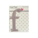 A lavender-colored plastic letter 'f' nail file from Pocket Scrap by Heidi Grace Designs, shown on its original backing card with a polka dot pattern and a small pink heart accent.