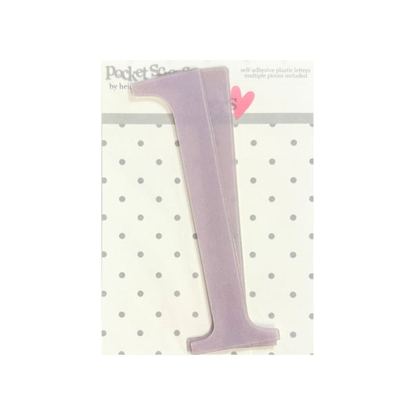 A lavender purple self-adhesive plastic letter 'I' shown on its original backing card. The backing card is white with gray polka dots and features the brand name 'Pocket Sharp' at the top.