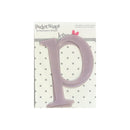 A lavender plastic letter 'P' adhesive letter from Pocket Scaps by Heidi Grace Designs, shown on its original white and gray polka dot backing card.