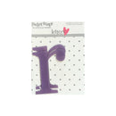 A purple self-adhesive plastic letter 'r' from the 'Pocket Scrapbook' collection by Beth Grace Designs, shown on its retail backing card against a white background.