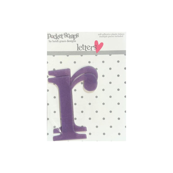A purple self-adhesive plastic letter 'r' from the 'Pocket Scrapbook' collection by Beth Grace Designs, shown on its retail backing card against a white background.