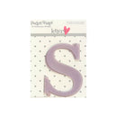 A lavender plastic letter 'S' monogram from Pocket Snaps by Heidi Grace Designs, displayed on its original white card backing with gray polka dots.