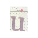 A lavender purple plastic letter 'U' from the brand Pocket Scapes, displayed on its original white and gray polka dot backing card.