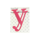 A pink velvet decorative letter 'V' from the Pocket Scarf Letters collection, shown on its original white backing card with gray polka dots.