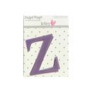 A purple self-adhesive plastic letter 'Z' from Heidi Grace Designs' Pocket Scrapbook letters, shown on its original white card packaging with gray polka dots.