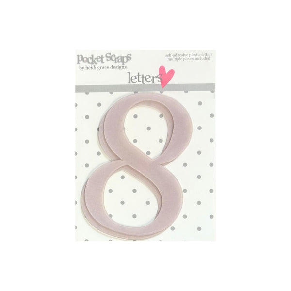 A set of two self-adhesive plastic numbers from Pocket Scaps, featuring the number 'eight' in a dusty pink color, displayed on its white backing card with gray polka dots.
