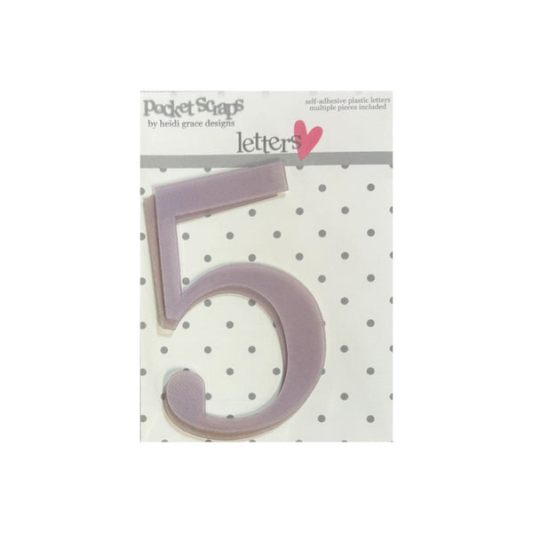 A lavender plastic number 'Five' from the 'Pocket Scrap' collection by Heidi Grace Designs, shown on its original retail backing card against a white background.