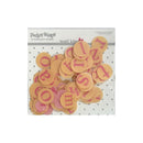 A package of 'Pocket Scrap' small letters by Heidi Grace Designs, featuring round peach-colored letters with pink lowercase letters printed on them, displayed on a white background.