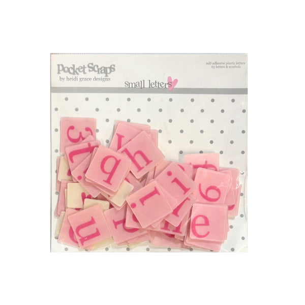 A package of 'Pocket Scrap' self-adhesive plastic letters featuring small pink letters with a white and gray polka dot background.