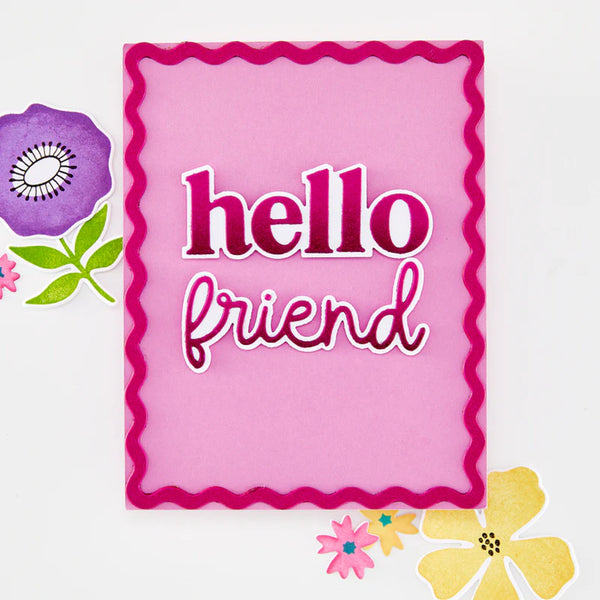 Pink sign with 'hello friend' text surrounded by colorful flowers on a white background