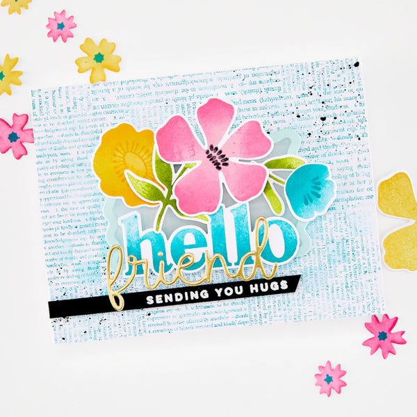 Card with colorful flowers and 'hello friend sending you hugs' text on a textured background
