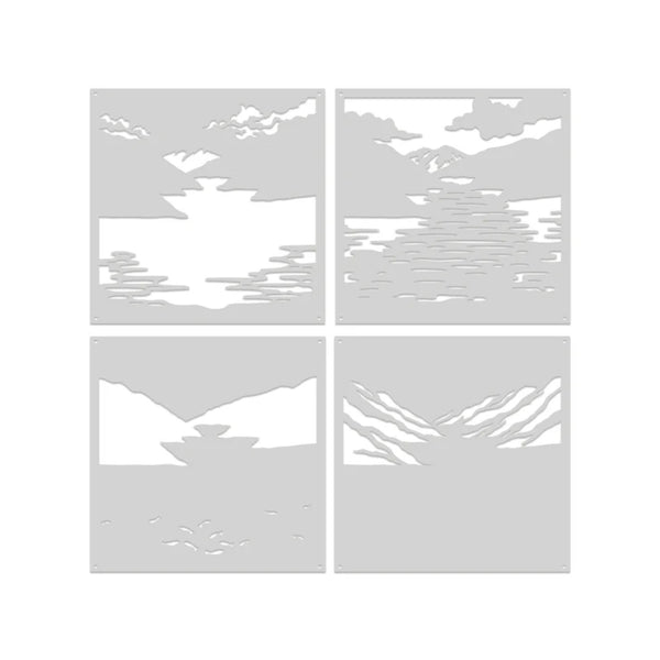 Decorative panel with mountain and lake design in four sections on a white background