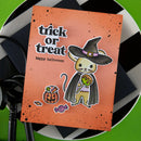 Halloween-themed card with a cat in a witch costume and 'trick or treat' text on an orange background.