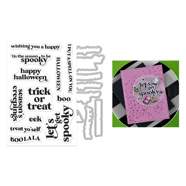 Halloween-themed stamp and die set shown on a white background, alongside a sample stamped card featuring the phrase 'let's get spooky' on a pink card with a purple spider illustration.