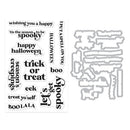A clear stamp sheet with black Halloween-themed phrases such as 'happy Halloween,' 'trick or treat,' 'boo,' and 'spooky,' shown next to a matching gray metal die-cut stamp set on a white background.