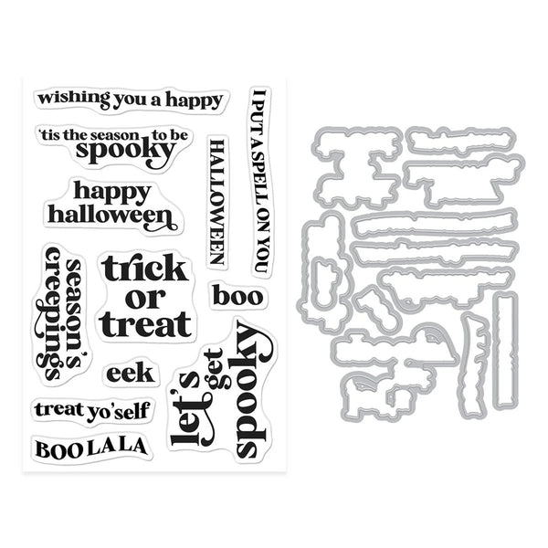 A clear stamp sheet with black Halloween-themed phrases such as 'happy Halloween,' 'trick or treat,' 'boo,' and 'spooky,' shown next to a matching gray metal die-cut stamp set on a white background.