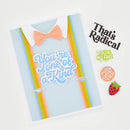 Card with colorful suspenders, bow tie, and text on a white background
