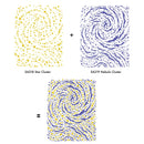 A graphic showing two rectangular star-field prints labeled 'SA218 Star Cluster' and 'SA219 Nebula Cluster' separated by a plus sign, with an equals sign below and a combined swirling star pattern printed as the result.