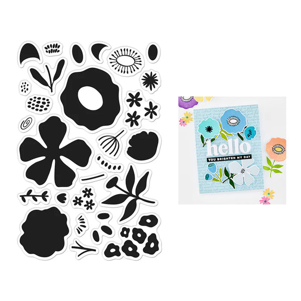 Black floral and geometric stickers with a 'hello' card featuring colorful flowers on a white background.