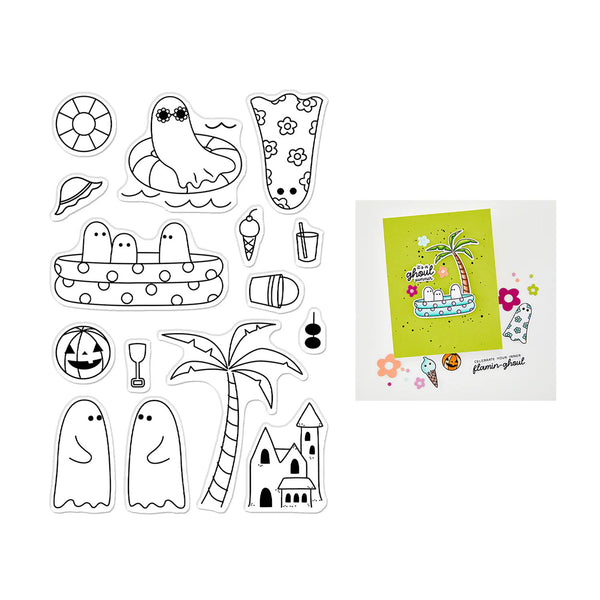 A sheet of black-and-white cartoon summer-themed die-cut stickers shown on a white background, alongside a small example card featuring one of the sticker designs.