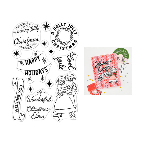 A set of Christmas-themed die-cut stickers shown on a white background, including black-and-white holiday phrases and line-art illustrations, plus a smaller inset preview of a pink patterned card with a green circular sticker.