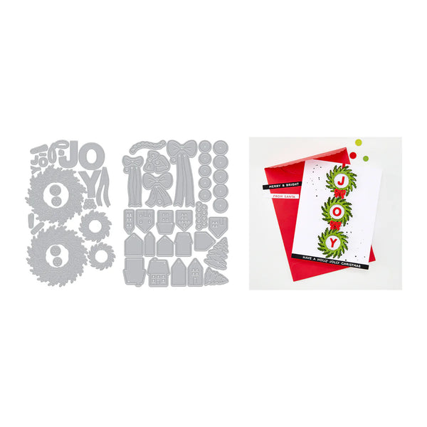 A flat lay showing a gray metal die-cutting or stamping template sheet with multiple holiday-themed shapes on the left, and a finished greeting card example on the right. The card features a white background, a red envelope, and green and red garland designs spelling 'JOY'.