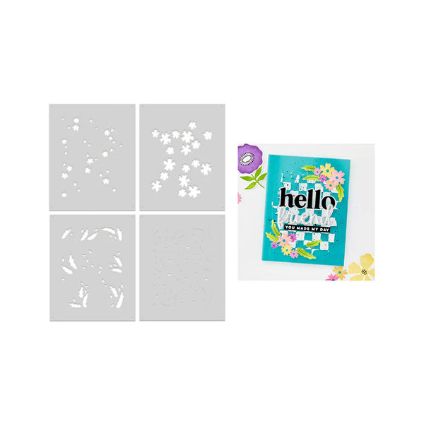 Set of stencils with floral patterns and a greeting card on a white background