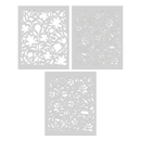 Three floral patterned stencils on a white background