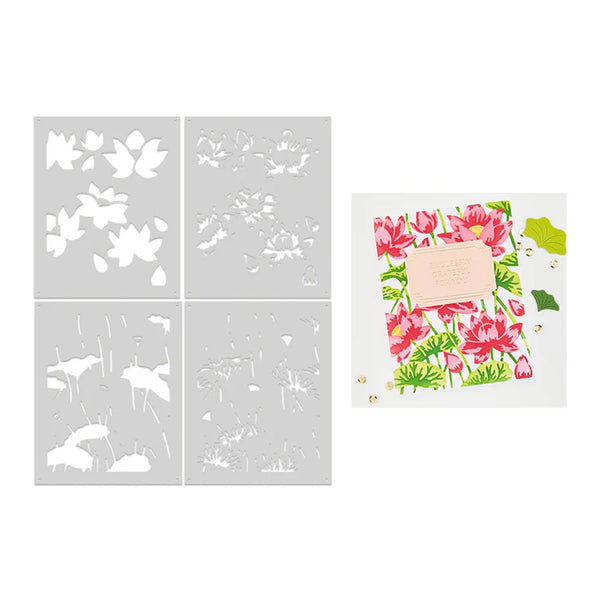 Set of floral stencils with a sample design on a white background
