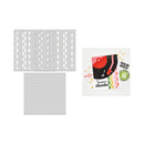 Three craft dies and a sample stamped card shown on a plain white background. The set includes two rectangular metal stamping plates, one with repeating diamond-shaped cutouts and one with small circular perforations, plus a stamped card featuring a vinyl record graphic and decorative text.