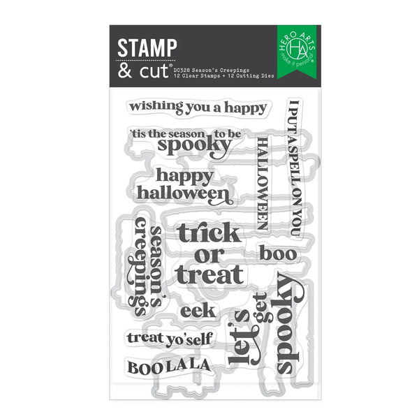 A package of 'Season's Creepers' 12-claw cutting stars by Lee Artisan Supplies, featuring various Halloween-themed phrases like 'happy halloween', 'trick or treat', and 'boo' in a clear stamp-and-cut sheet.