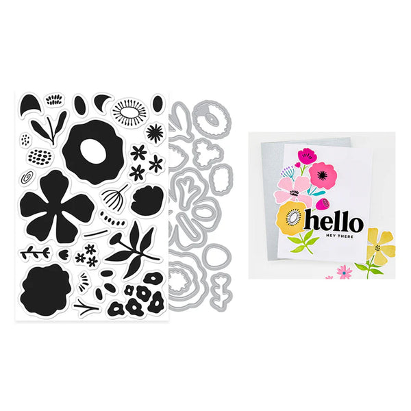 Set of floral stamps and a greeting card with flowers and 'hello' text on a white background
