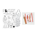 Set of stamp and die cut designs with classical figures and balloons on a white background.