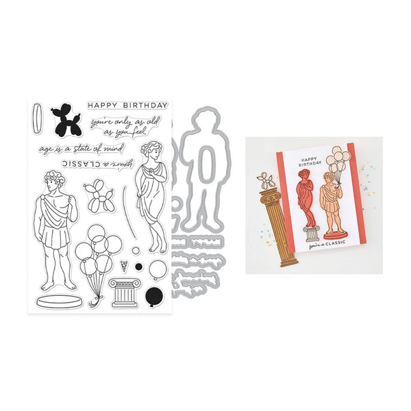 Set of stamp and die cut designs with classical figures and balloons on a white background.