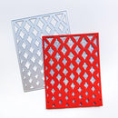 Two square decorative panels with a repeating diamond lattice cutout pattern, shown on a clean white background. One panel is metallic silver, and the other is bright red with a glittery blue-and-white pattern visible through the cutouts.