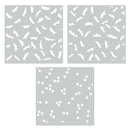 Three square stencil templates with different cutout patterns, shown on a plain white background. The top two stencils feature an intricate repeating floral or leaf-like cutout design, and the bottom stencil features a scattered small dot cutout pattern.