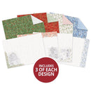 A set of patterned paper sheets and envelopes shown on a white background, with a red circular badge reading 'INCLUDES 3 OF EACH DESIGN.' The visible designs include green with red berries, red floral, pale pink floral, blue floral, and white textured papers with faint holiday illustrations.