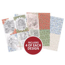 Four patterned paper sheets fanned out on a white background with a red circular badge that reads 'INCLUDES 4 OF EACH DESIGN'. The designs include grayscale garden house illustrations, red floral, green foliage, and blue/cream textures.
