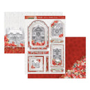 Christmas-themed scrapbooking paper sheet set featuring red and white floral borders, gray architectural door illustrations, and red textured paper pieces on a white background.