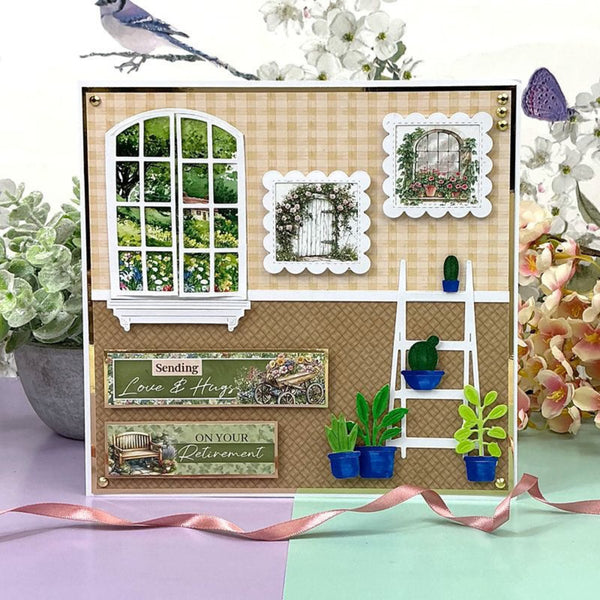 Greeting card with garden-themed decorations and a bird on a branch.