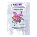 IndigeBlu 'Blooming Fuschia' English rubber stamp card featuring a pink fuchsia flower illustration and a Chinese proverb on a distressed light blue background.