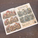 An open vintage illustrated book or magazine spread lying on a dark wooden surface. The left page shows three panels of whimsical mushroom houses, and the right page shows a multi-panel illustration titled "Water Skippers" with figures in boats and water scenes.