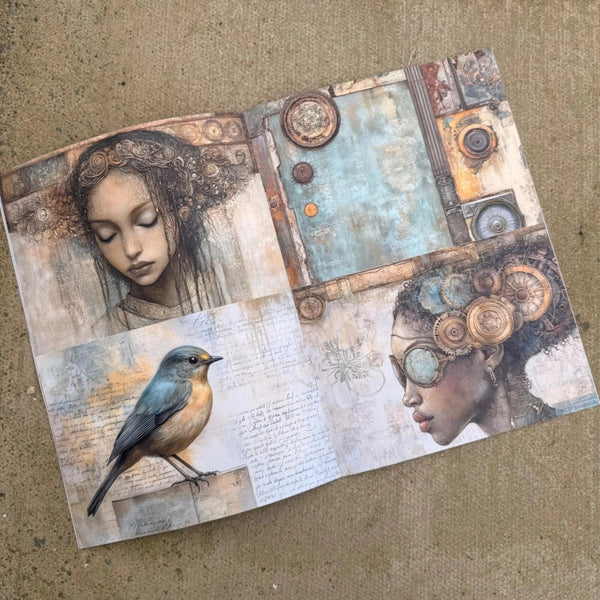 Artistic print with two women's faces and a bird on a textured surface