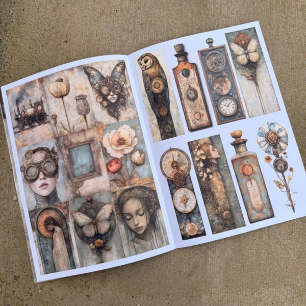 An open art journal or book spread laid flat on a textured tan surface, featuring whimsical steampunk-style illustrations including clocks, bottles, butterflies, flowers, and faces in muted beige, brown, and blue-gray tones.