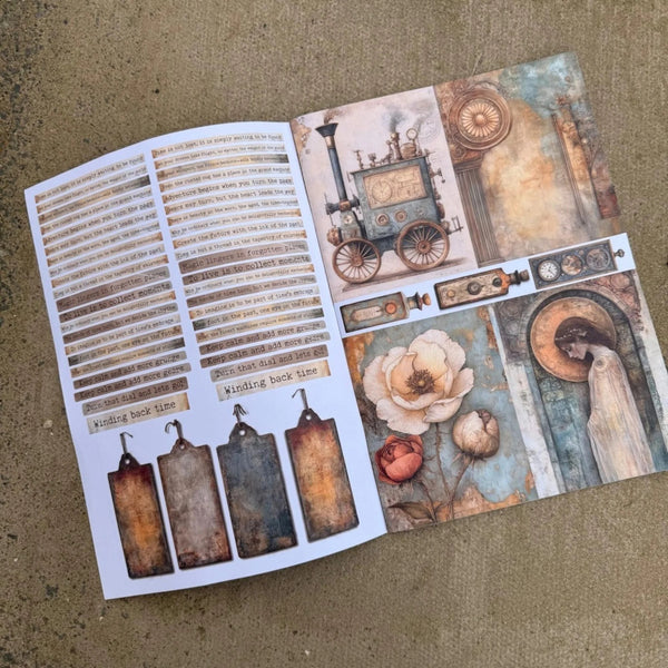 Open book with decorative pages featuring vintage-style illustrations on a textured surface.