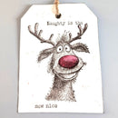 Card with a reindeer illustration and text 'Naughty is the new nice' on a white background